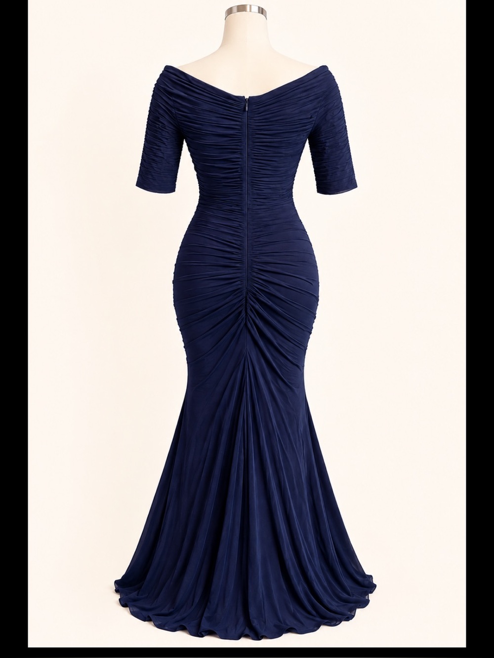 Tadashi Shoji Midnight Navy Sculpted Mermaid Gown XS Ruched Off-Shoulder Formal - Picture 3 of 9